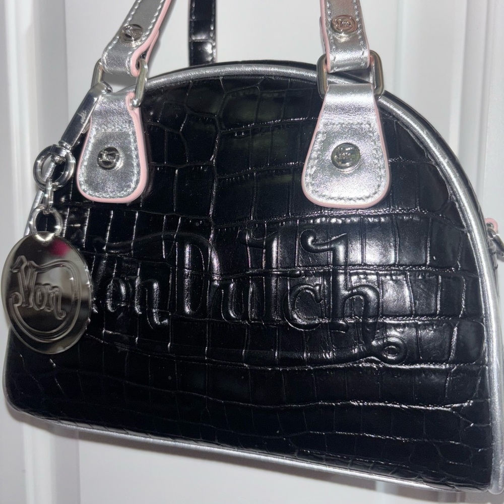 Von Dutch Black Croc-Embossed Shoulder Bag with Silver Accents